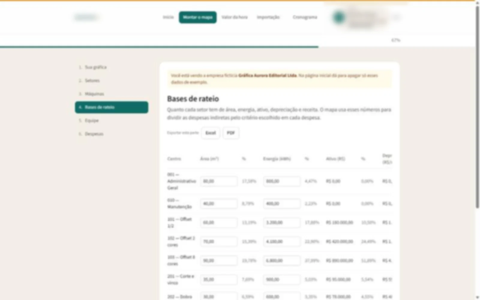 Montagem do mapa em seis passos e bases de rateio, dados fictícios